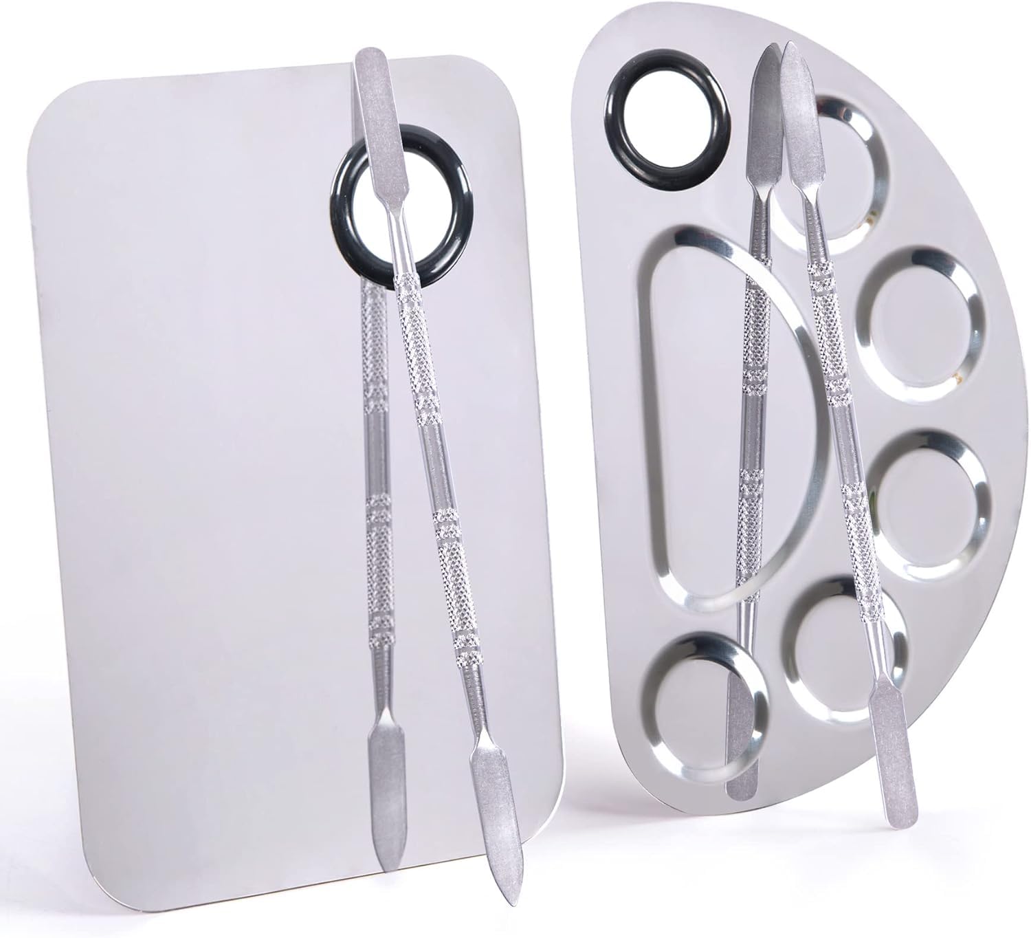 INHEAVEN Stainless Steel Makeup Mixing Palette with Spatula, 6x4 Inch, Silver, 2 Pieces, Metal Cosmetic Plate for Foundation and Nail Art