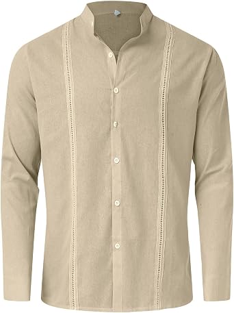 HJINGSUN Mens Linen Shirt Long Sleeve Banded Collar Shirt Casual Button Down Tops Lightweight Breathable Summer Beach Clothes