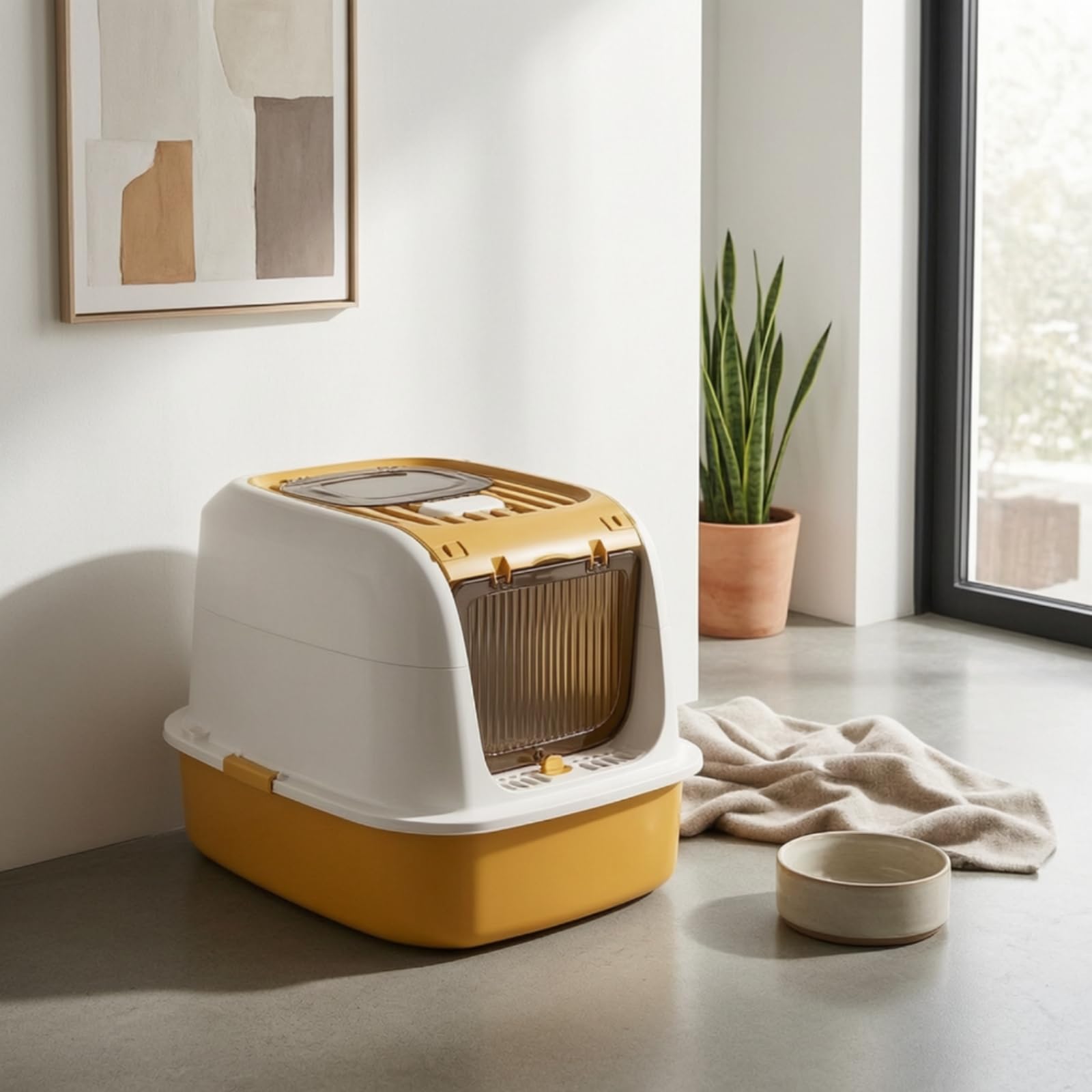 Arenero Cubierto Ventilado Caja con Tapa Gran Banja Sanitaria para Gatos, Interior, Marrón