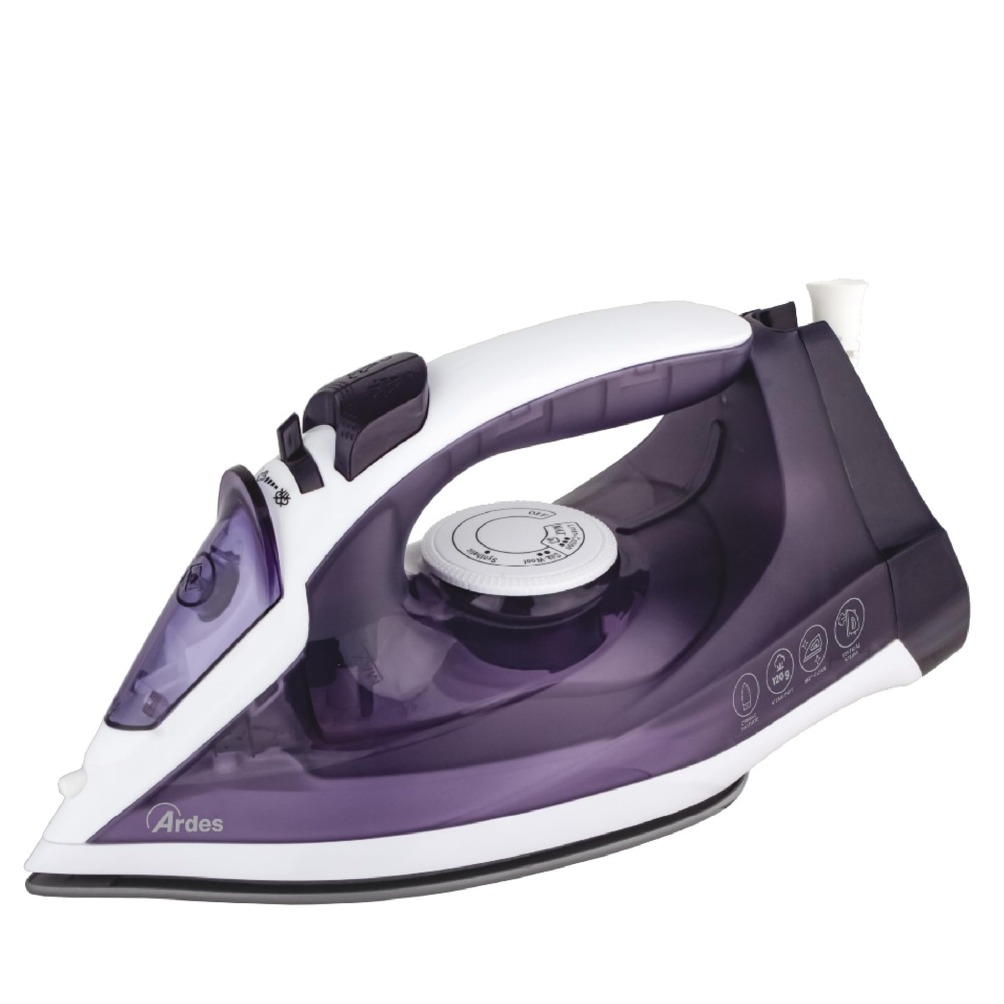 ARDES ARSTIR01W Plancha de vapor Vapor Pro COMPACT, 2000 W, depósito de 0,20 litros, salida de vapor de 120 g/min, con suela de cerámica, mango ergonómico, fácil de manejar y ligera