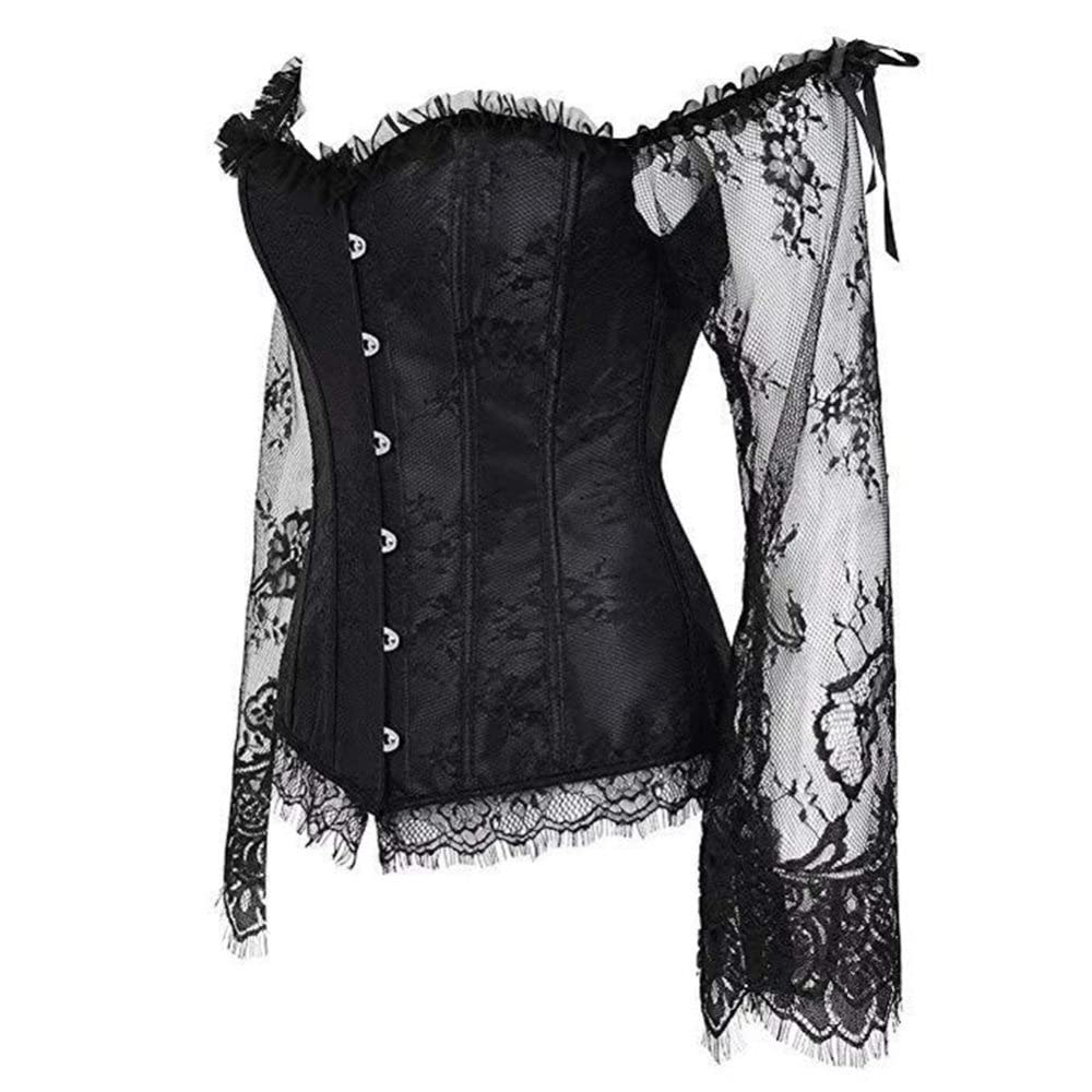 Corsetto Donna,Corsetto In Pizzo A Maniche Lunghe In Maglia Da Donna Retro Top Con Spalle Scoperte Boho Corsetto Floreale Bustier Gotico Esotico Corpetto Overbust Body Shaper Lingerie Corsetto Disos