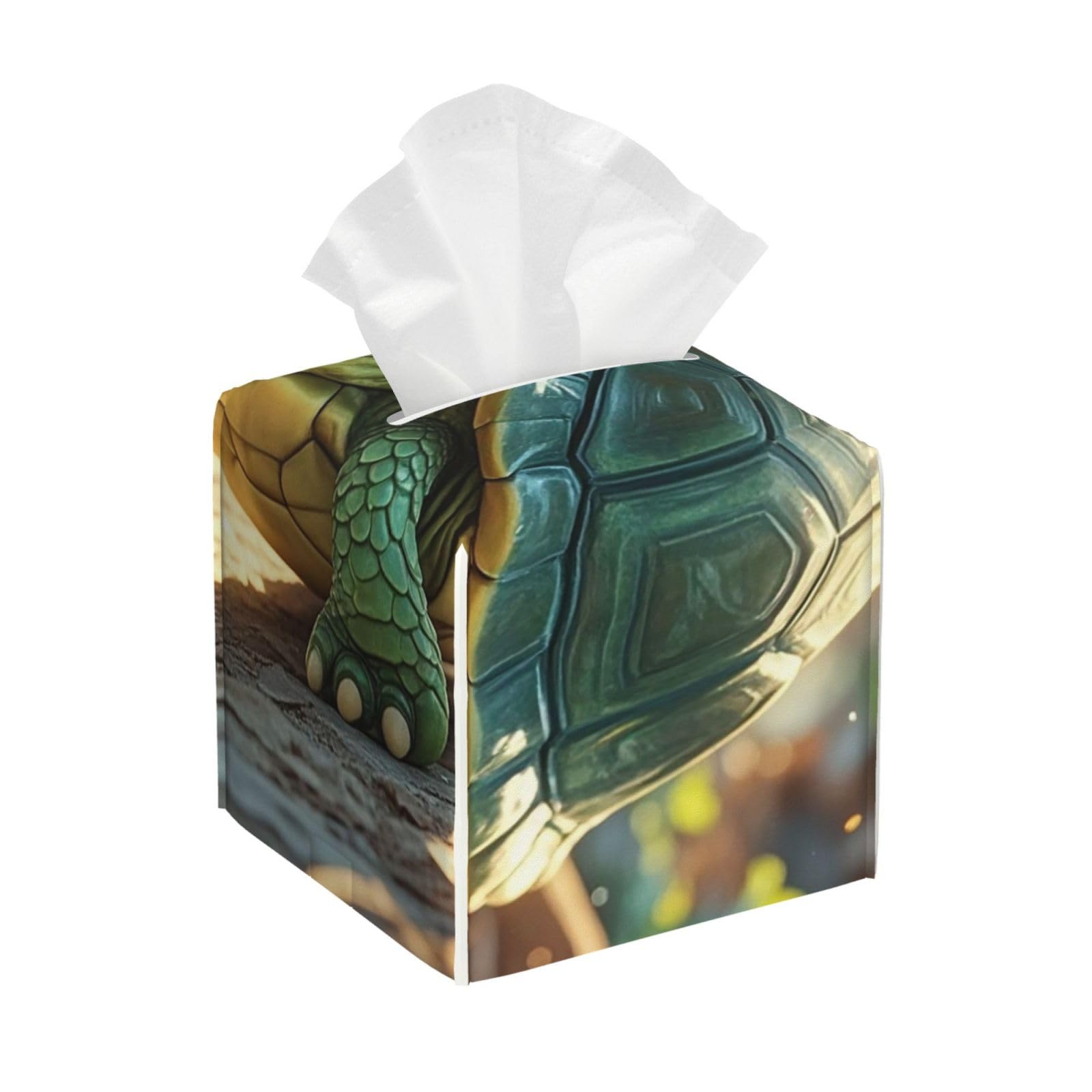 Pu Leather Cube Tissue Box Holders Modern Waterproof Square Tissue Box Cover Turtle in The Sun Facial Paper Holder for Bathroom Kitchen Nightstand Office Home Decor