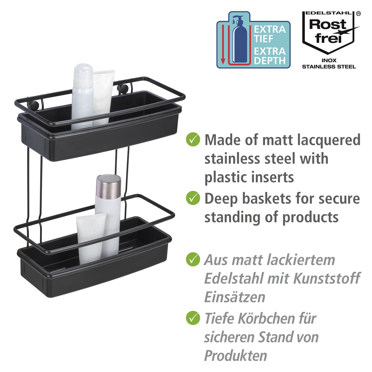 Wenko Scaffale a Molinella, 2 Piani per Il Bagno con Cestini Profondi, Appoggio Sicuro Dei Prodotti per L'Igiene, in Acciaio Verniciato Opaco con Inserti in Plastica, (Lxaxp): 30 X 35 X 14 Cm, Nero