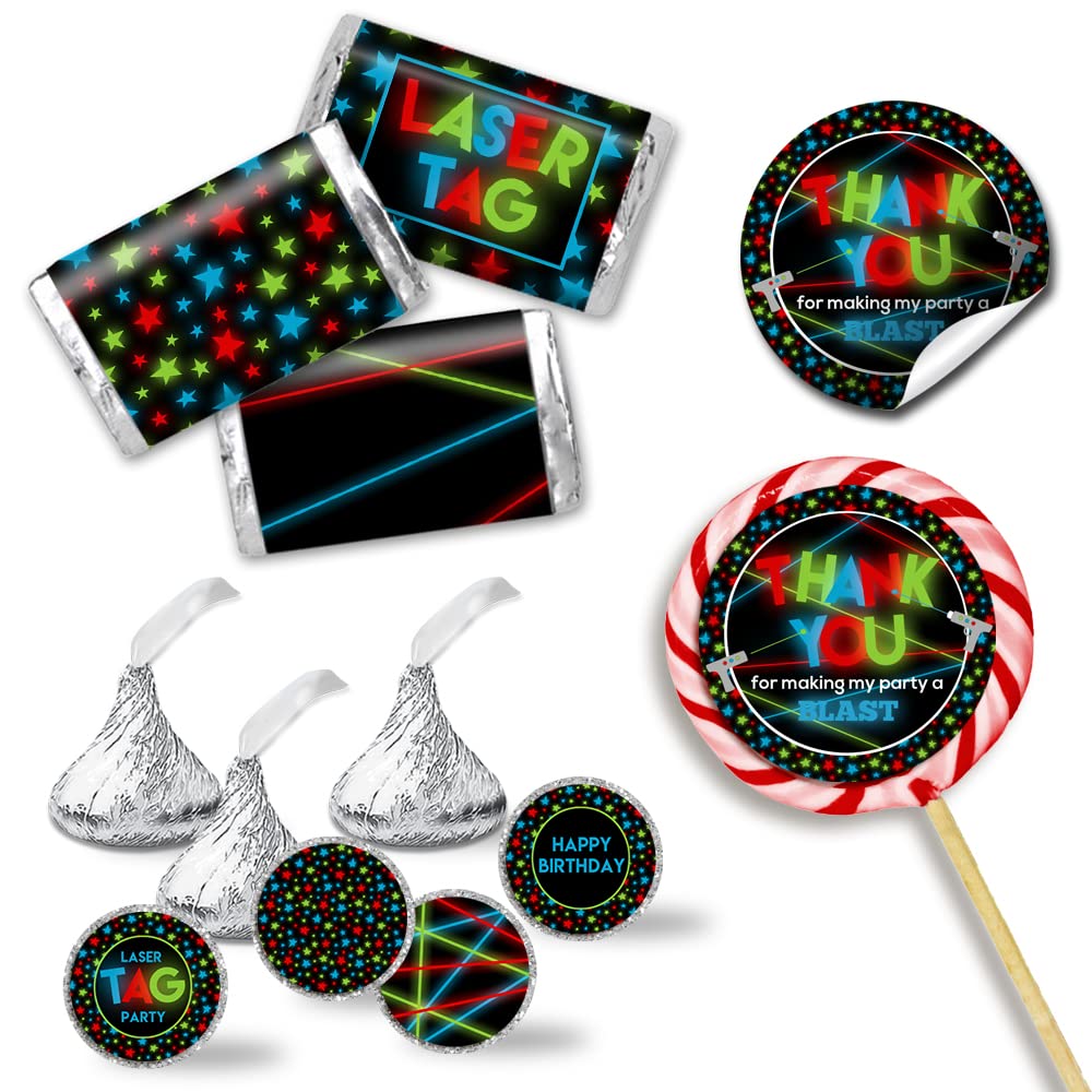 Laser Tag Birthday Party Sticker Bundle Kit - 429 Pieces!!! Includes 60 2" Circle Stickers for Favors & Goodie Bags, 45 Mini Candy Bar Wrappers, & 324 Round Candy Kiss Stickers by Amanda Creation