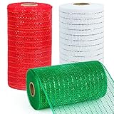 3 Rolls Mesh Ribbon for Wreaths, 6 Inch x 30 Feet Each Roll Red Green White Poly Deco Mesh Rolls, Christmas Ribbon for Wreaths, Swags and Christmas Tree Decoration