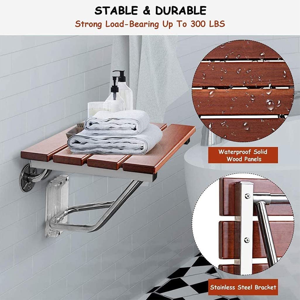 Asiento de Ducha Abatible Pared Banco para Ducha de Madera, Taburete de Ducha Antideslizante Asiento de Ducha Plegable Acero Inoxidable, para Personas Mayores,Embarazadas