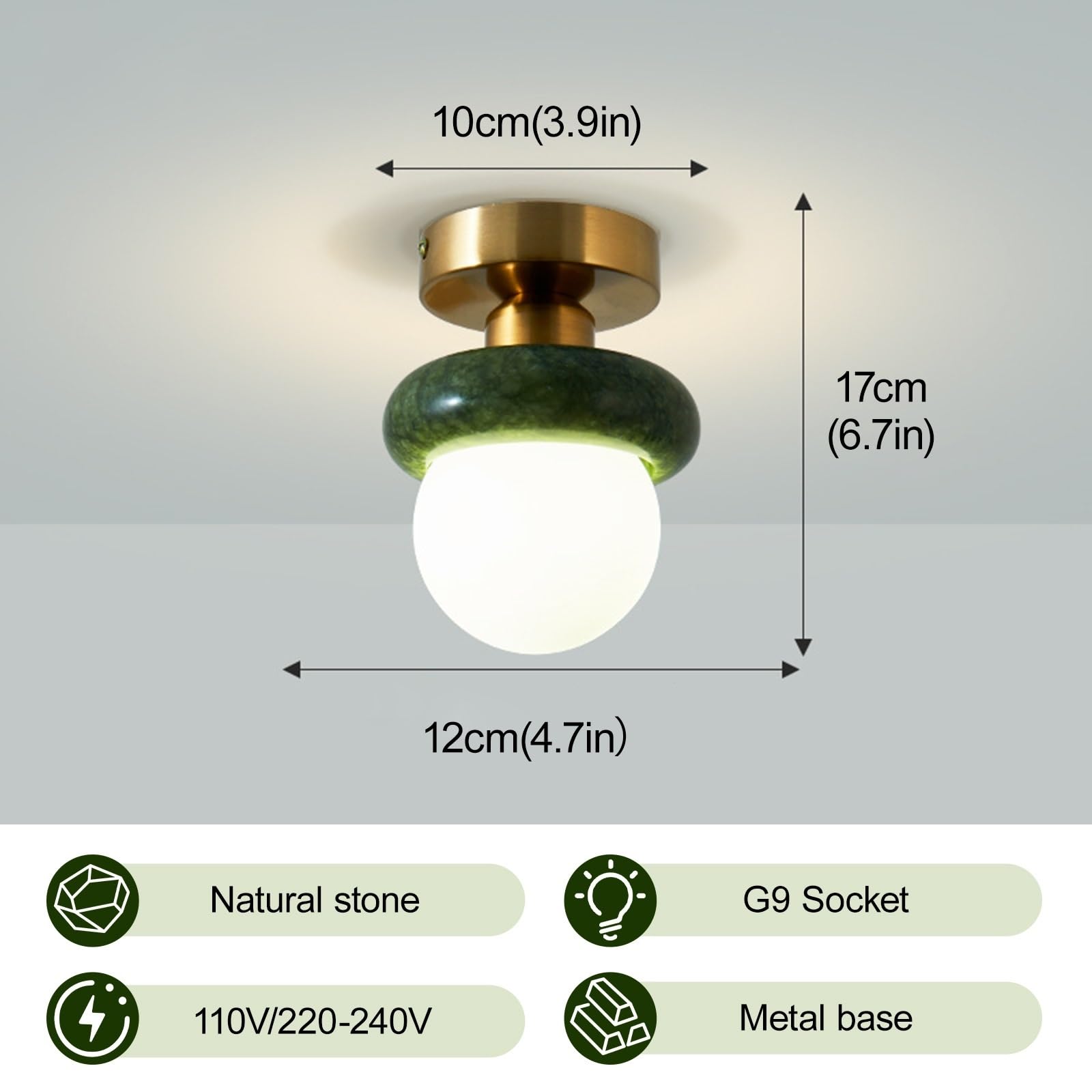 Jadssox Lampa Sufitowa Z Zielonego Marmuru, Szklana Kula Blisko Lampy Sufitowej, Oświetlenie Sufitowe Z Alabastru Nordyckiego, Nowoczesne Złote Lampy Sufitowe Do Schodów W Przedpokoju(12 * 17cm)