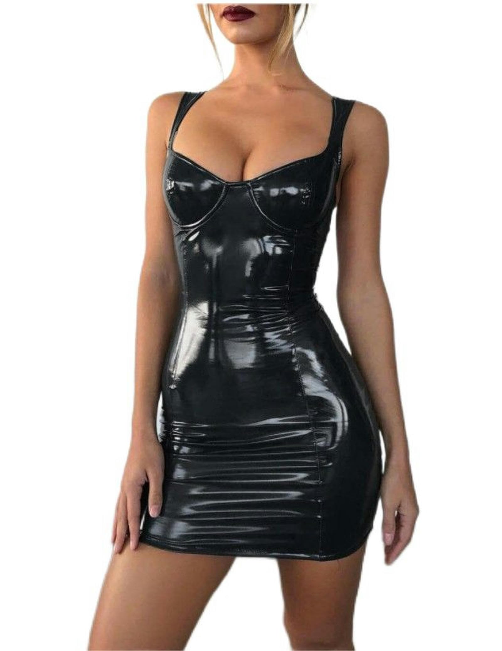 ARESU Sexy nightclub disco celebrity goddess young lady brightly wrapped chest suspender waist slimming PU leather suspender dress-black-6XL