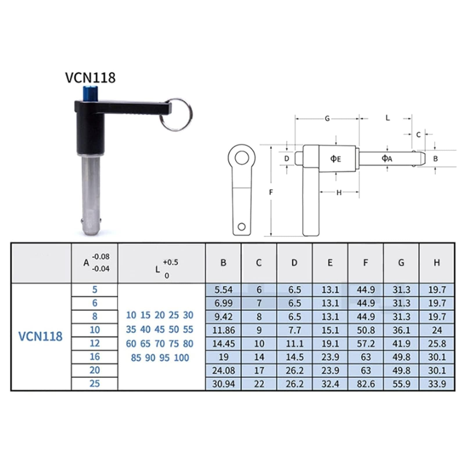 Perno di bloccaggio a sfera con pulsante, Perno di bloccaggio a sfera con impugnatura a L in acciaio inossidabile a sgancio rapido pulsante, VCN118, dimensioni multiple(VCN118 12 125mm)