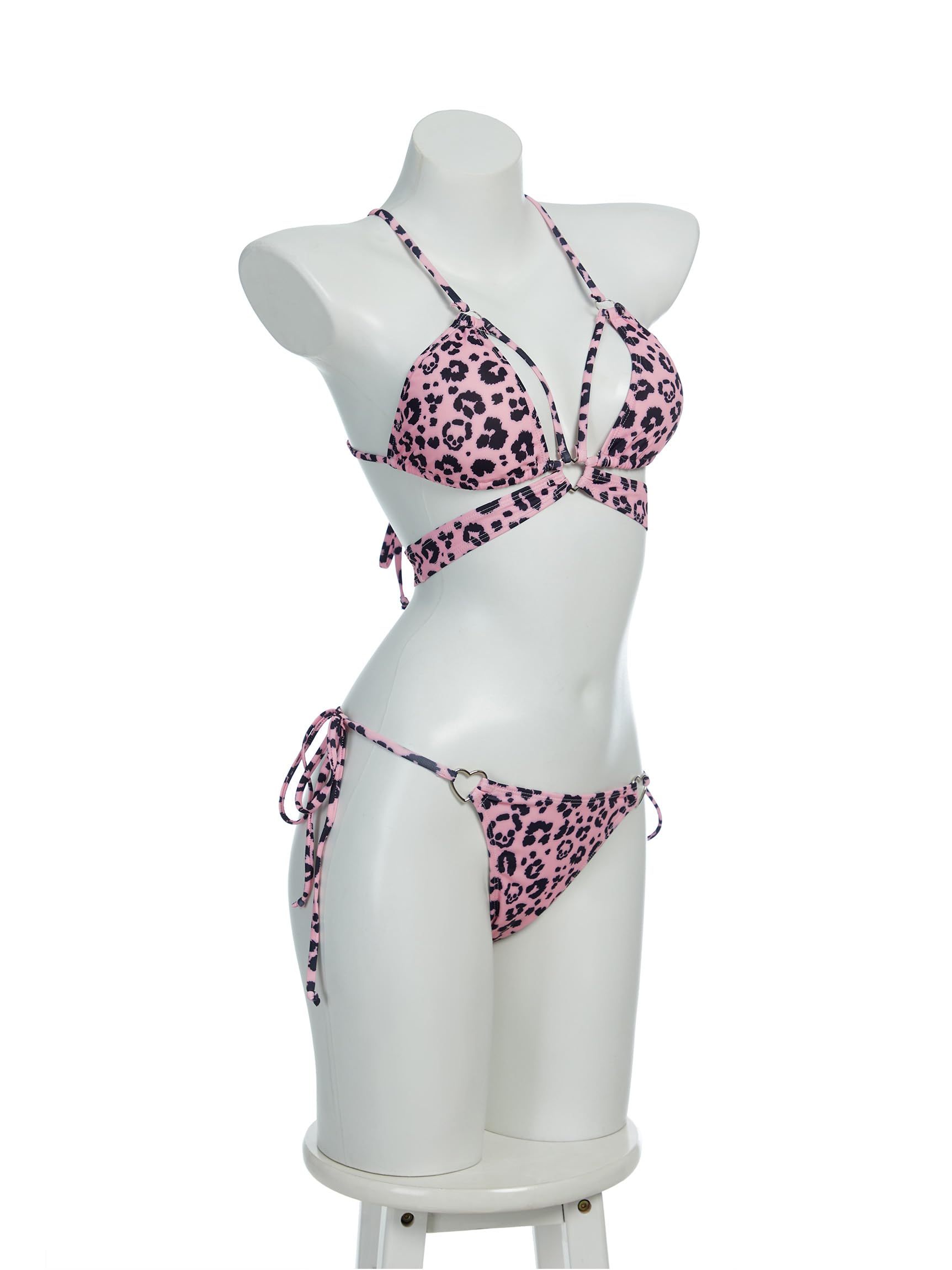 haikyuu Women Leopard Bikini Set Pink Sexy Two Piece Swimsuit Halter Bikini Set Tie Side Bathing Suit: Standard Large Pink