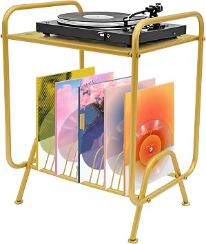 2-Tier Record Storage Stand with 16 Slots, Steel Player Stand with Shelves, Record Player Holder Storage Organizer Display Table Rack, 18.5 x 14 x 24 Inch Gold