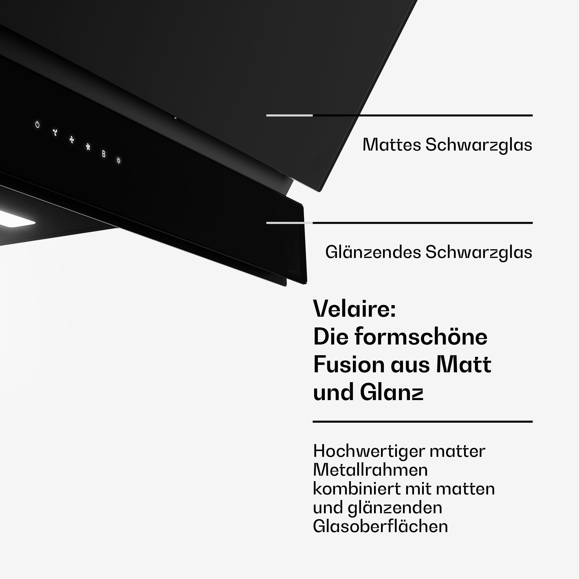 Klarstein Velaire Dunstabzugshaube 90 cm - Kopffreihaube, 820 m³/h Boost, A++ Energieeffizienz, Touch-Bedienung, LED, leise, Aluminium- & Aktivkohlefilter, Abzugshaube Küche, Schwarz