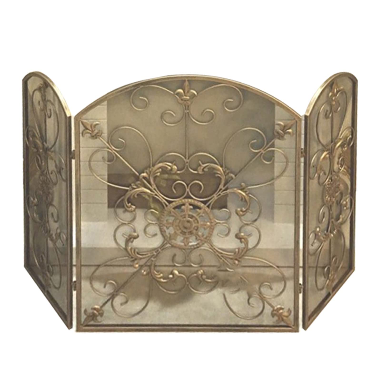 Paravento pieghevole a 3 pannelli con finitura rustica dorata, accessorio per focolare a legna e carbone per la decorazione domestica