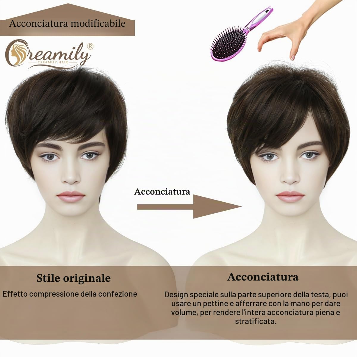 Creamily Parrucche corte castane, parrucca corta Pixie Cut con frangia per donne, parrucche sintetiche a strati naturali per capelli corti da donna, per cosplay, feste, uso quotidiano