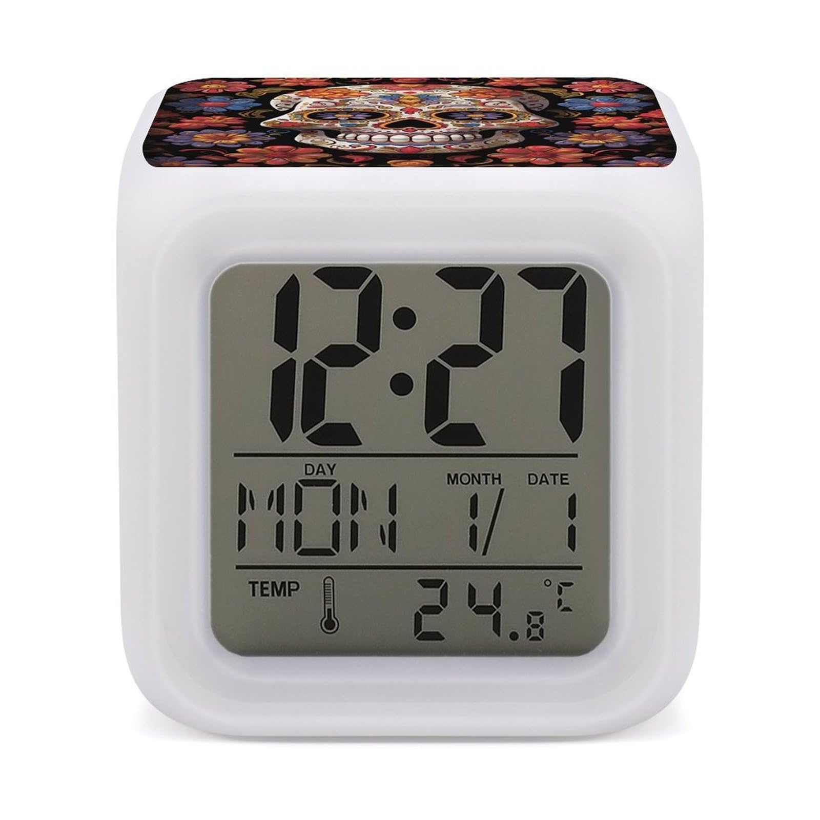 FekiLoot Sugar Skulls Alarm Clock for Heavy Sleepers Small Digital Alarm Clock with Date Temperature Wake Up Digital Clocks with 7 Colors Changing Desk Clocks for Bedroom Bedside Nightstand