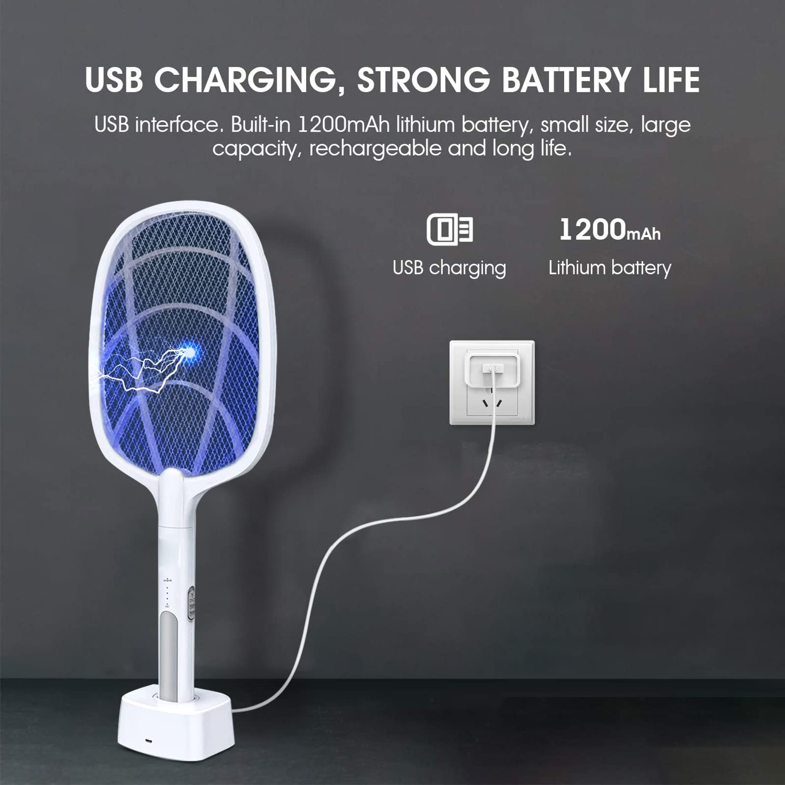 Racchetta Mosche Elettrica 2 in 1, Racchetta Elettrica con Potente Lampada Trappola per Zanzare per uso Interno ed Esterno