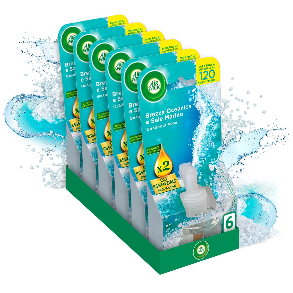 Air Wick Diffusore Elettrico di Oli Essenziali, 6 Ricariche per Diffusore Elettrico alla Brezza Oceanica e Sale Marino, Profumatore per Ambienti Elettrico con Oli Essenziali