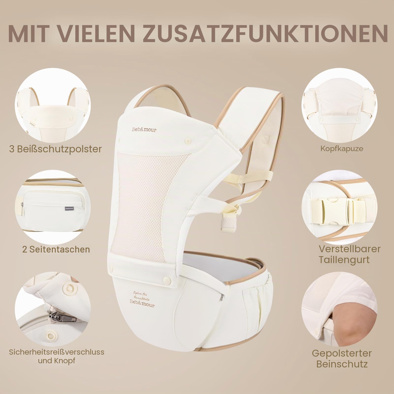 Bebamour Babytrage für Neugeborene bis Kleinkinder, Hüftsitz 0-36 Monate mit Kopfhaube, 3 Stück Beißpolster, Hüftverlängerung, Aufbewahrungstasche und Schnulleretui,beige