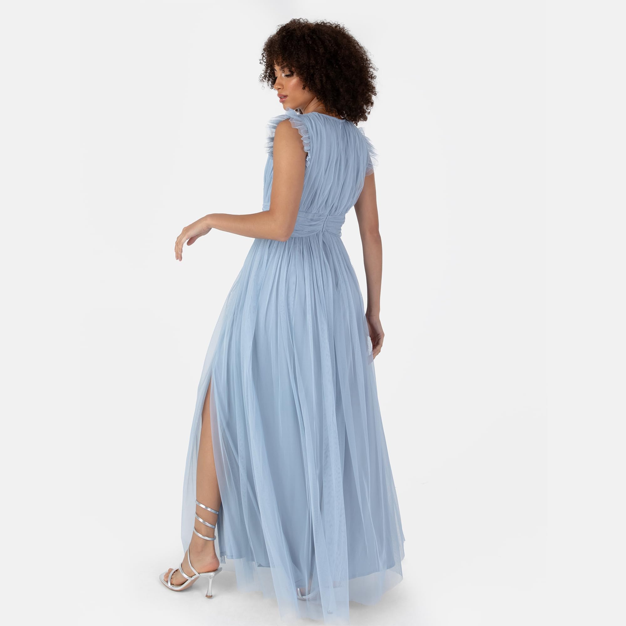 Anaya with Love Damen Women's Maxi Dress Ladies V-Neck Short Sleeve Split Tulle A-line for Wedding Guest Bridesmaid Evening Occasion Ball Gown Dress (1er Pack)