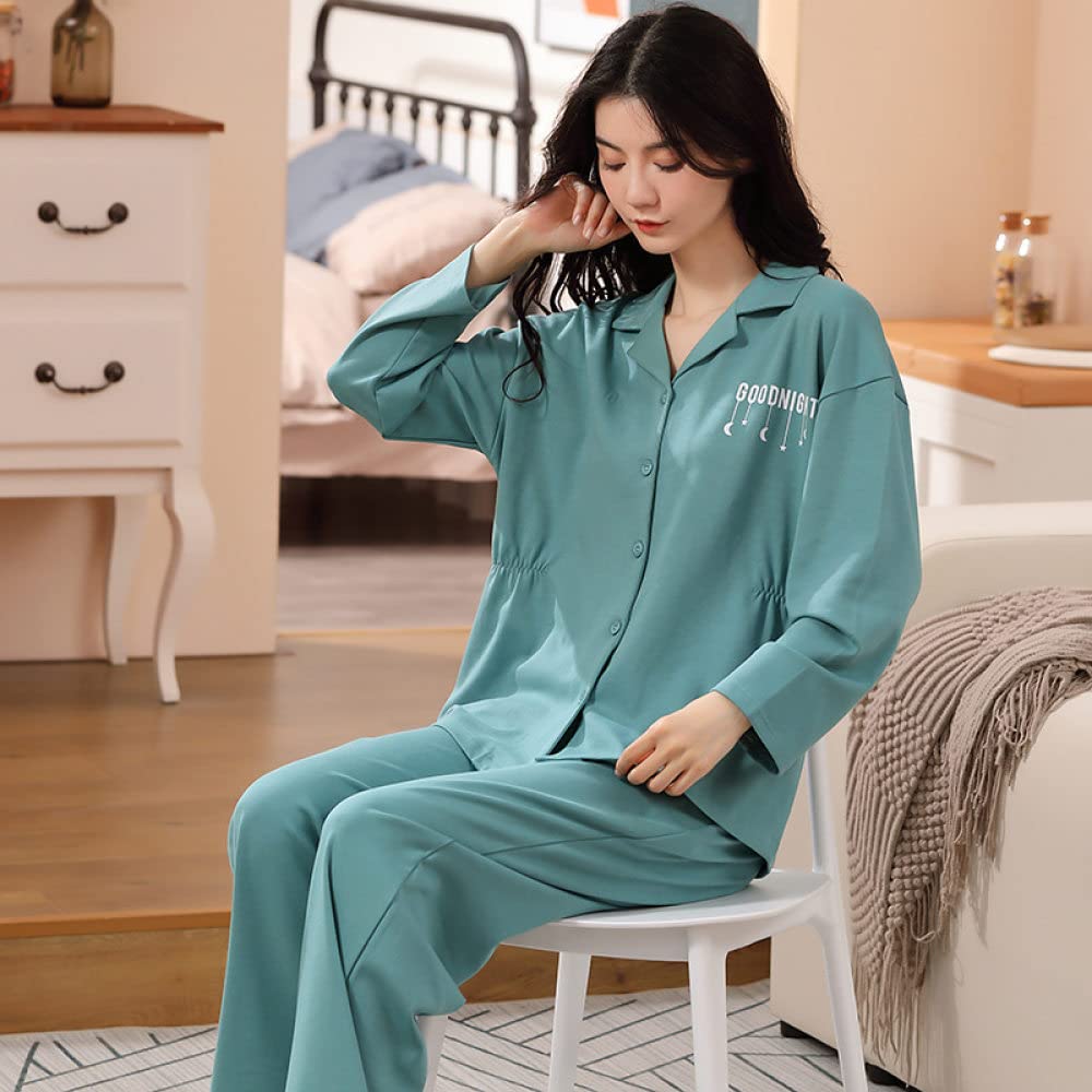 Pijama Mujer,Conjuntos De Pijama para Mujer Letras De Solapa De Algodón Verde, Estrellas Y Estampado De Luna, Suelto, Informal, Acogedor, Cálido, Manga Larga, Pjs Top & Amp; Conjunto De Pantalones