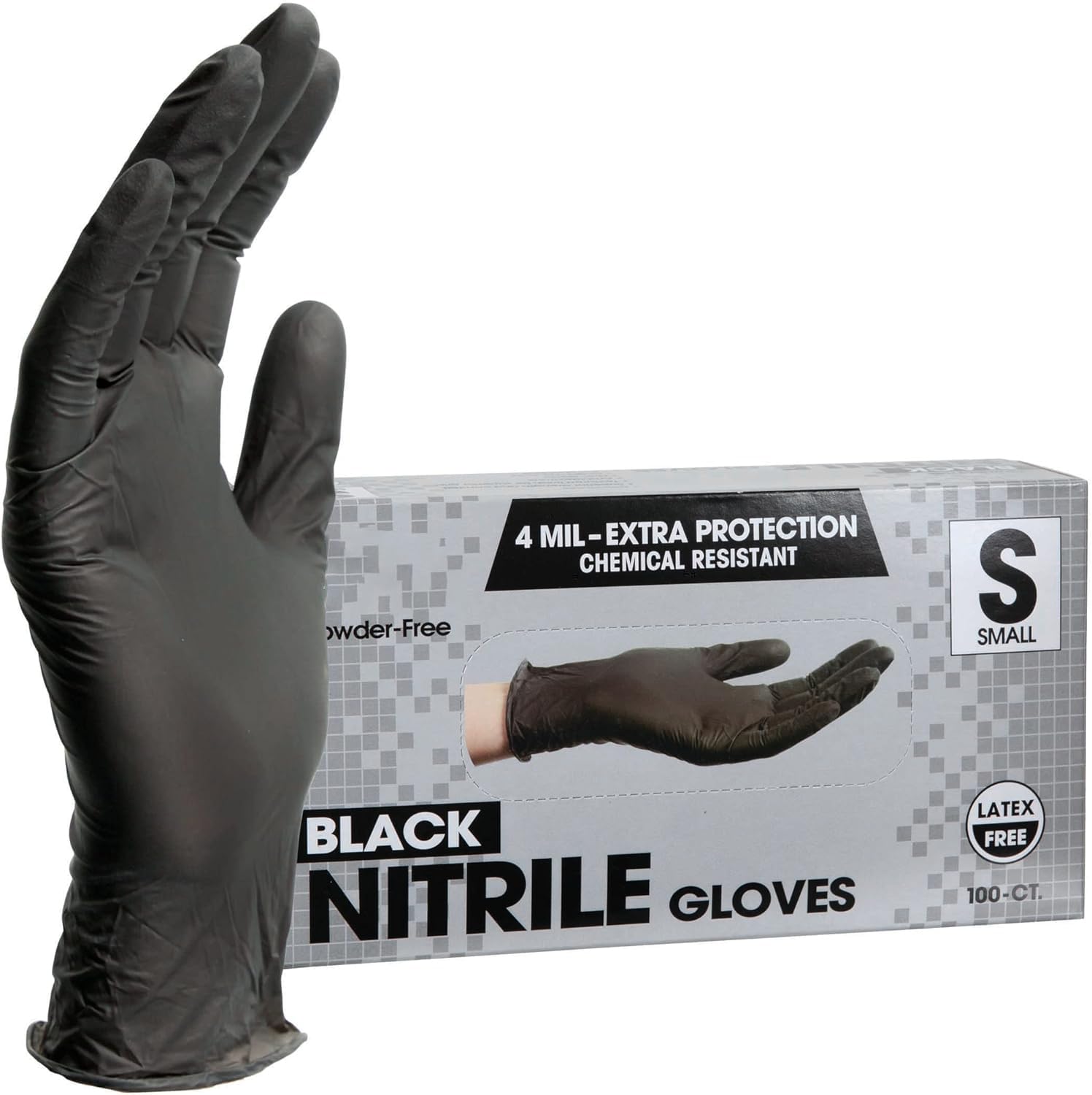 PROMART Disposable Nitrile Gloves Black, Chemical Resistant, Powder-Free, Latex-Free, Non-Sterile, Food Safe, Black,100-Count (200, SMALL)