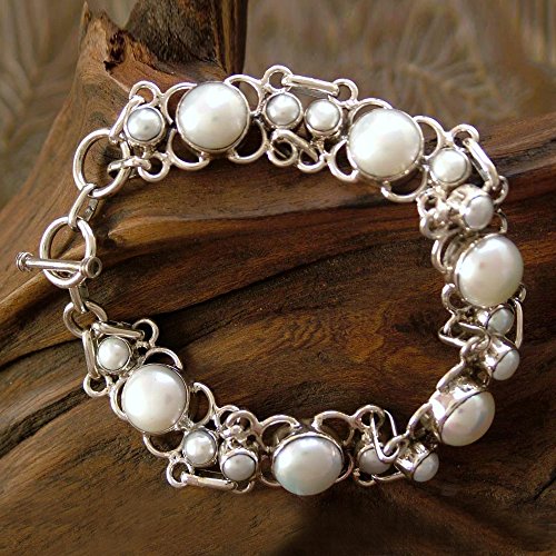 NOVICA Artisan Handcrafted Pearl Link Bracelet Sterling Silver Bridal Jewelry White India Bollywood Birthstone [7.5 in min L x 8 in max L 15 mm W] ' Pure Clarity'3