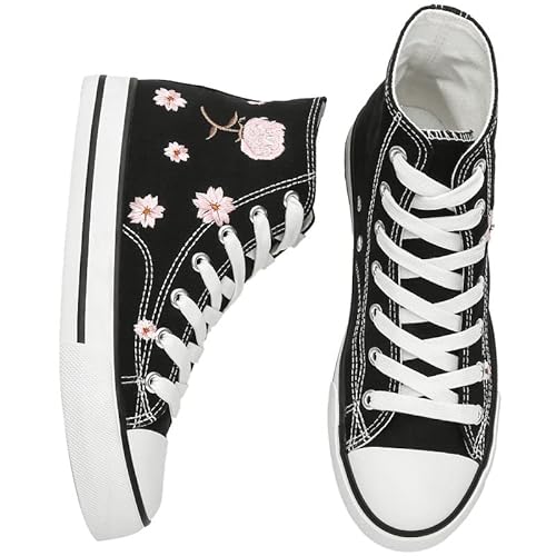 Kufeiti Women’s Embroidered High Top Canvas Sneaker Black Lace-Up Comfortable Casual Fashion Sneaker(Embroidery Black, Us10) #TOP13