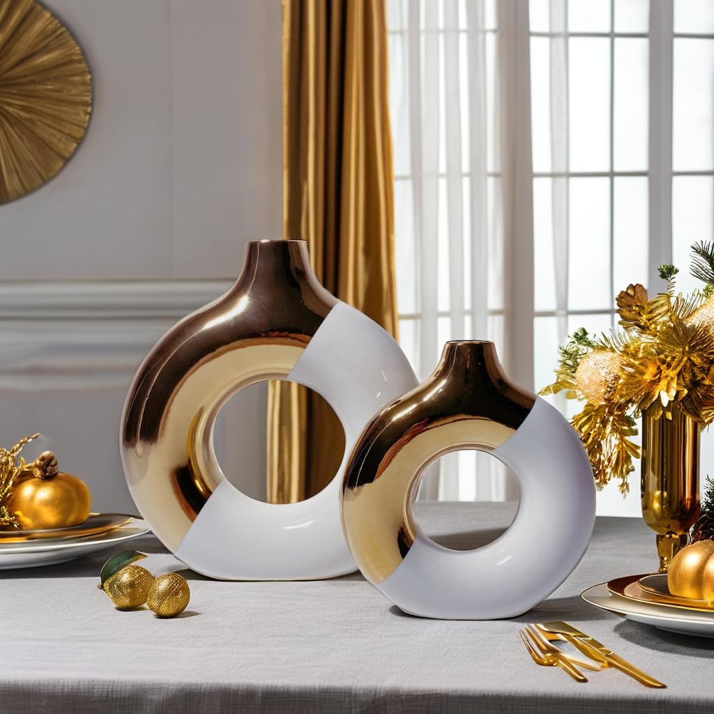 Eastern Rock White and Gold Donut Vase, Modern Ceramic Vase for Pampas Grass, Perfect Centerpiece for Weddings, Living Room, and Office Decor (White Gold, Set(S+L))