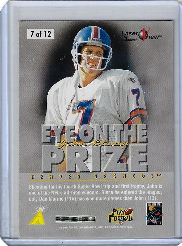 John Elway Autographed Eye on the Prize On Card Auto Collectible Football Card - 1996 Pinnacle Lazer View Football Card #7 (Broncos) Faint Signature