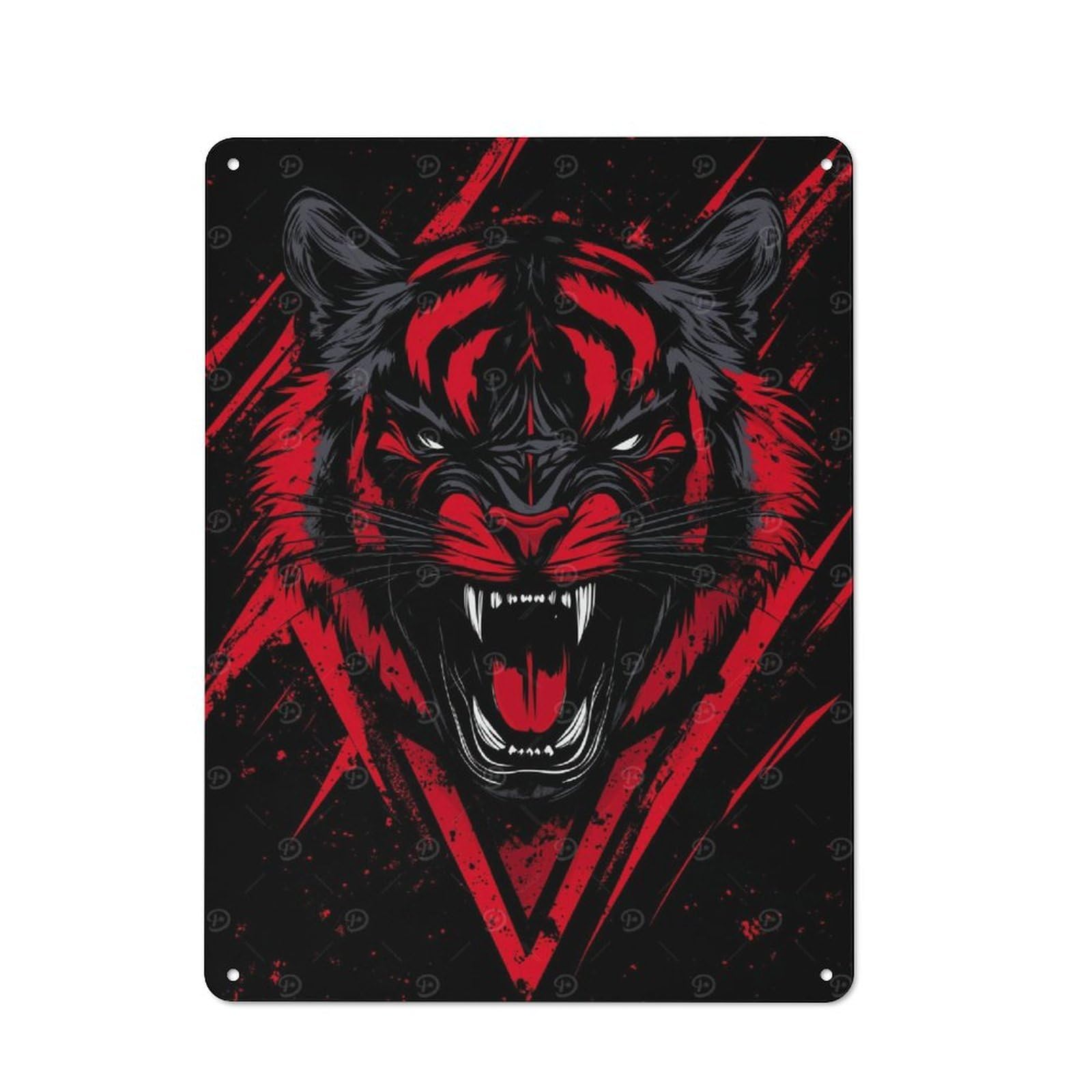 Junmoney Red And Black Tiger Illustration Metal Wall Sign 40X30cm, Modern Retro Loft Wall Plaque For Flat, Bar, Studio Or Gallery Wall