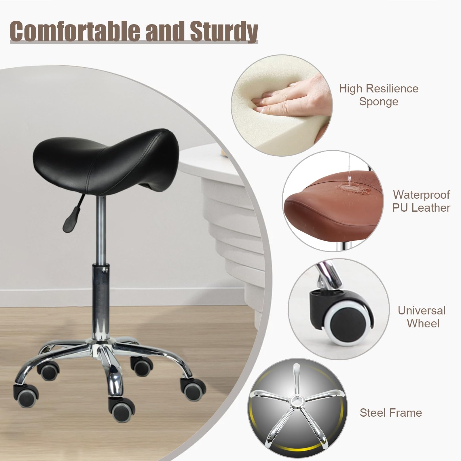 Taboret zabiegowy, (ergonomiczny stołek siodłowy do siedzącego trybu życia, czarne krzesło biurowe z kółkami, krzesło do salonu dla higienistki stomatologicznej/estetyki (kolor: 43-55 cm (17
