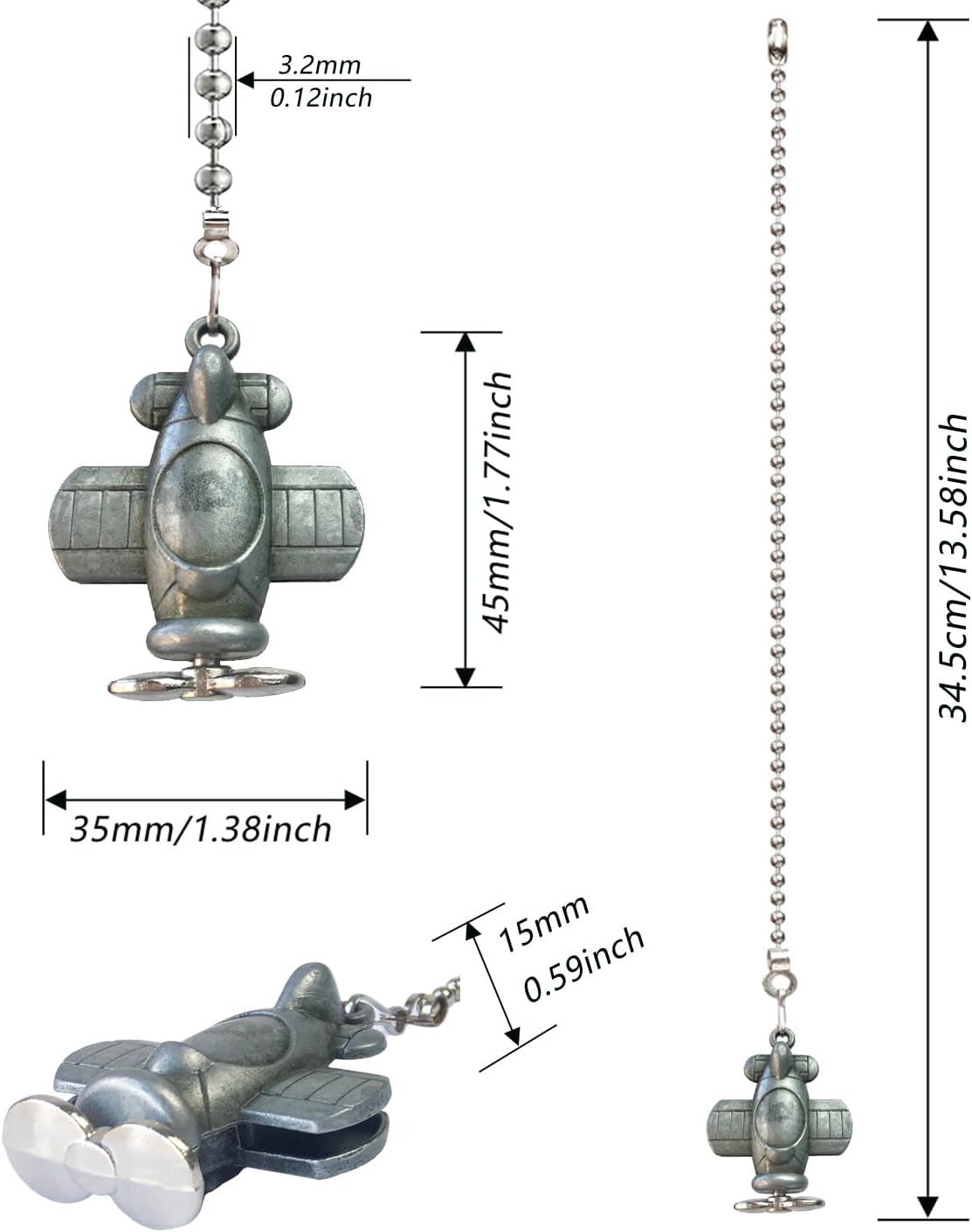 12-inch Airplane Charm Pull Chain - Decorative Extender for Ceiling Fan Lights with Ball Chain Connector(Grey)
