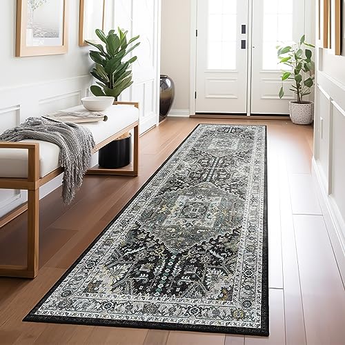 Madane Washable Kitchen Runner Rug 2x6, Ultra-Thin Non-Slip Hallway Runner, Stain Resistant Vintage Entryway Carpet Runner, Pet Friendly Low Pile Runners, Grey Green/Black Olive