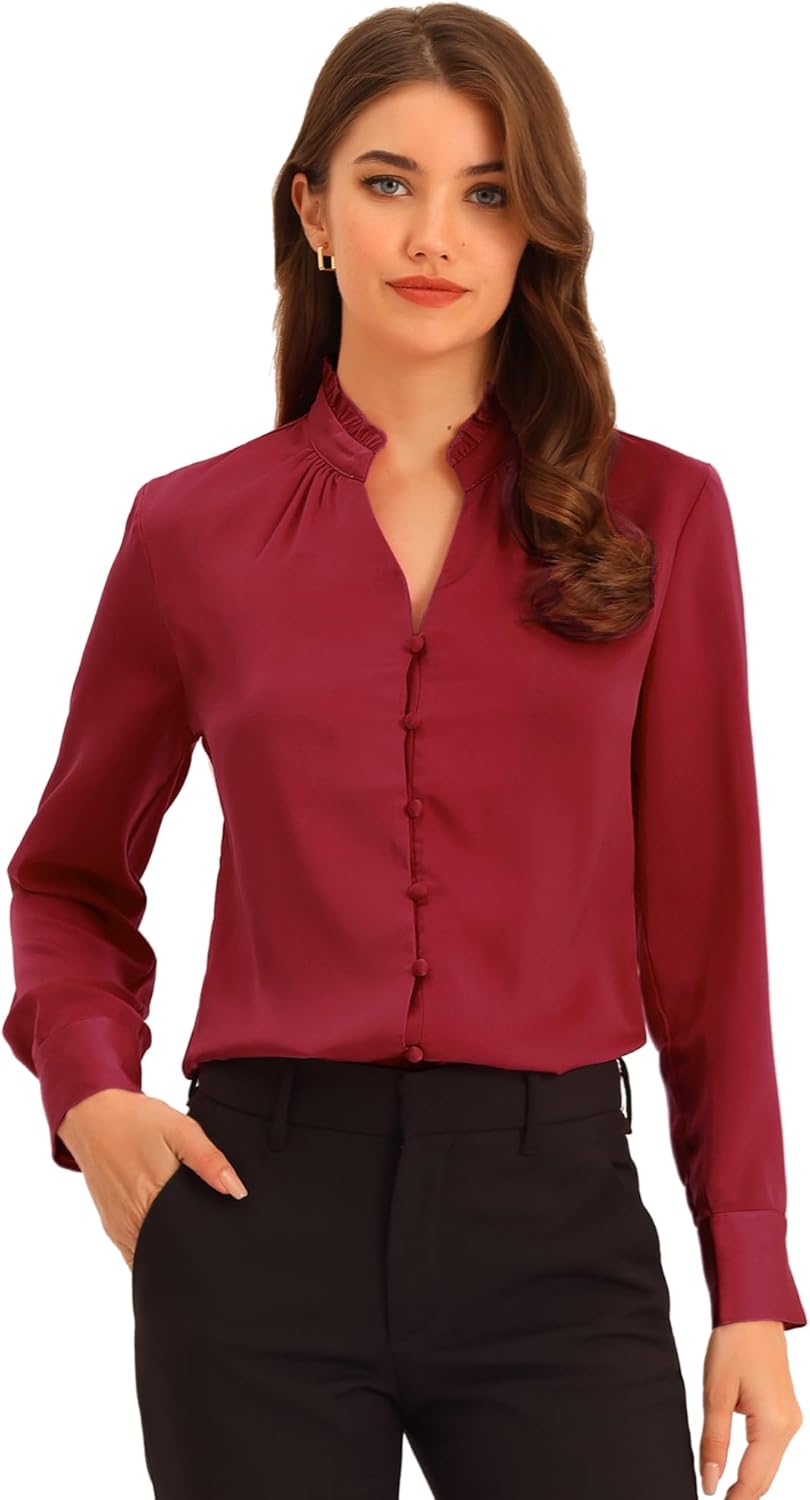 Allegra K Women's Satin Blouse Button Up V Neck Ruffled Collar Long Sleeve Formal Shirts