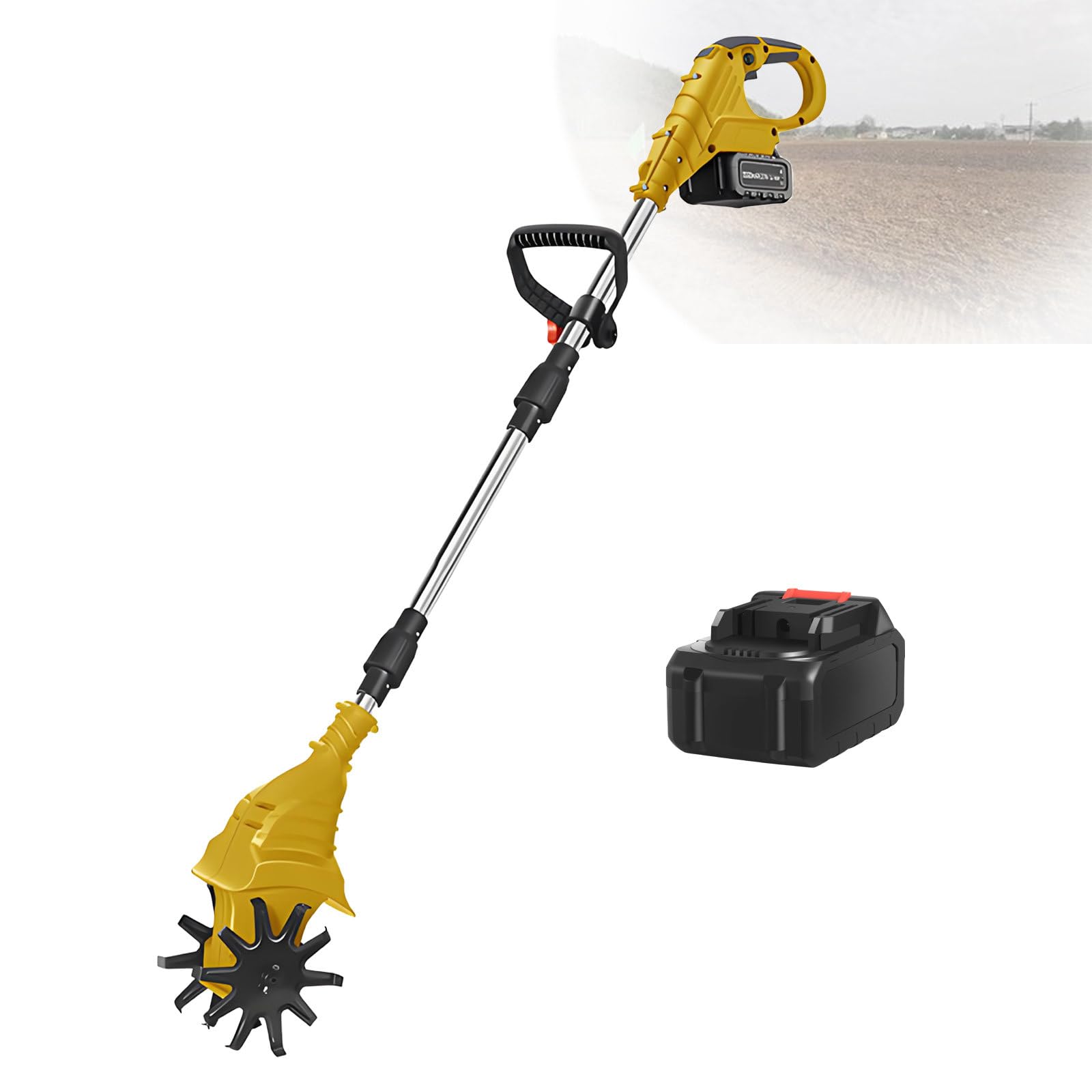 Cultivador inalámbrico con batería, cultivador eléctrico de jardín de 270 rpm, profundidad de labranza de 25 cm y ancho de labranza de 20 cm para cultivo de césped/suelo