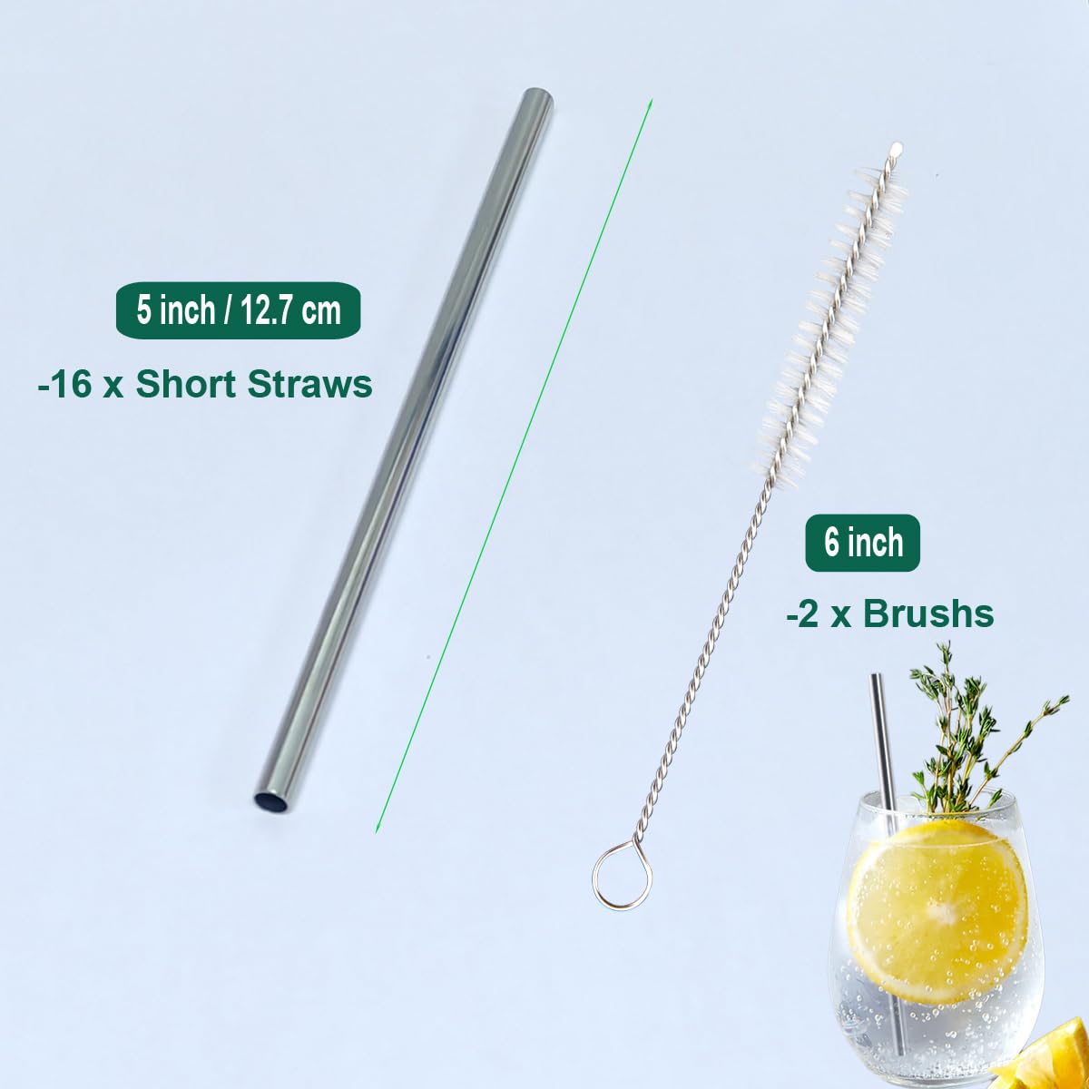 Paquete de 16 pajitas de metal extra cortas de 5 pulgadas, agitador de café reutilizable de acero inoxidable, mini pajitas de cóctel con cepillo de limpieza para tazas de café, vasos pequeños o tazas