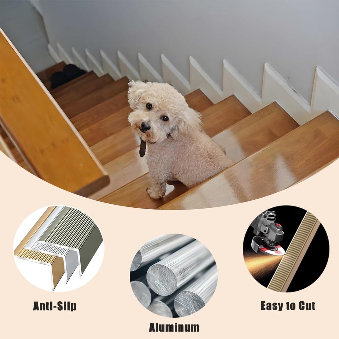Tira antideslizante de aluminio para escalera, 125 cm, impermeable, protector de borde en forma de L para peldaños interiores, acabado dorado, protector de escalera para mayor seguridad