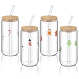 Honeydak 20 oz Juice Glass Cups with Lids and Straws Bulk Set of 4 Iced Coffee Glass Cup 4 Christmas Pattern Clear Drinking Tumbler Smoothie Cute Can for Christmas Birthday Party Supply