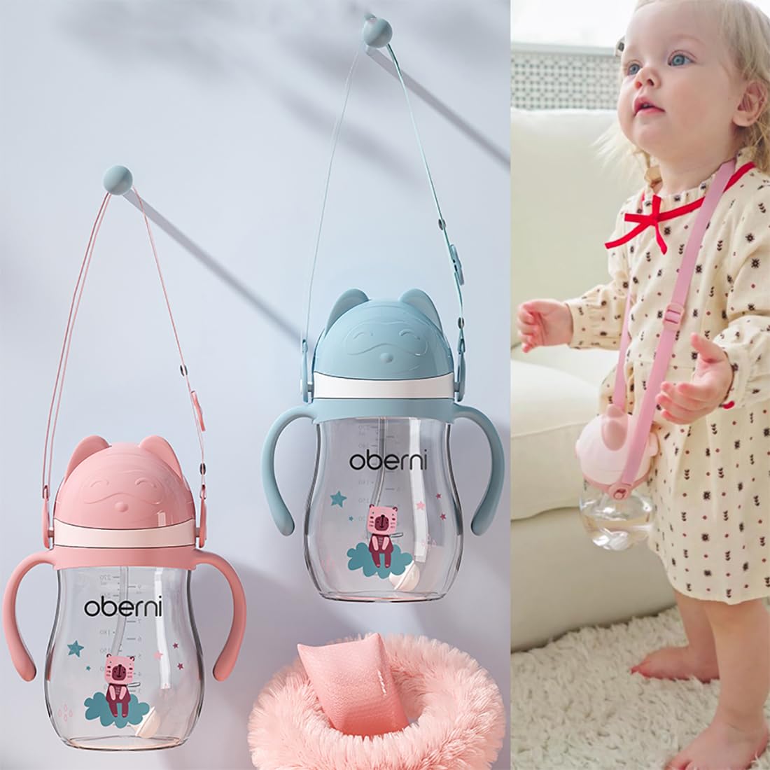 Oberni Kubek do nauki picia dla małych dzieci od 12 miesięcy, szczelna butelka na wodę, kubek Toddler Sippy, butelka na wodę, 270 ml, różowy/3 sztuki