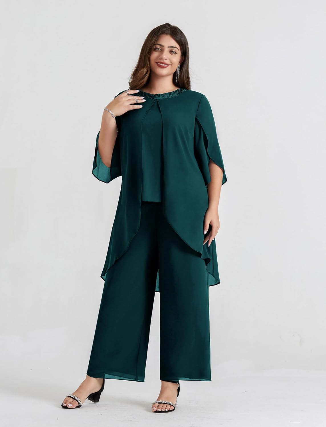 Hanna Nikole Plus Size Mother of The Bride Pant Suits 2 Piece Chiffon Sets Dressy Wedding Guest Outfit with High Low Hem - Image 4