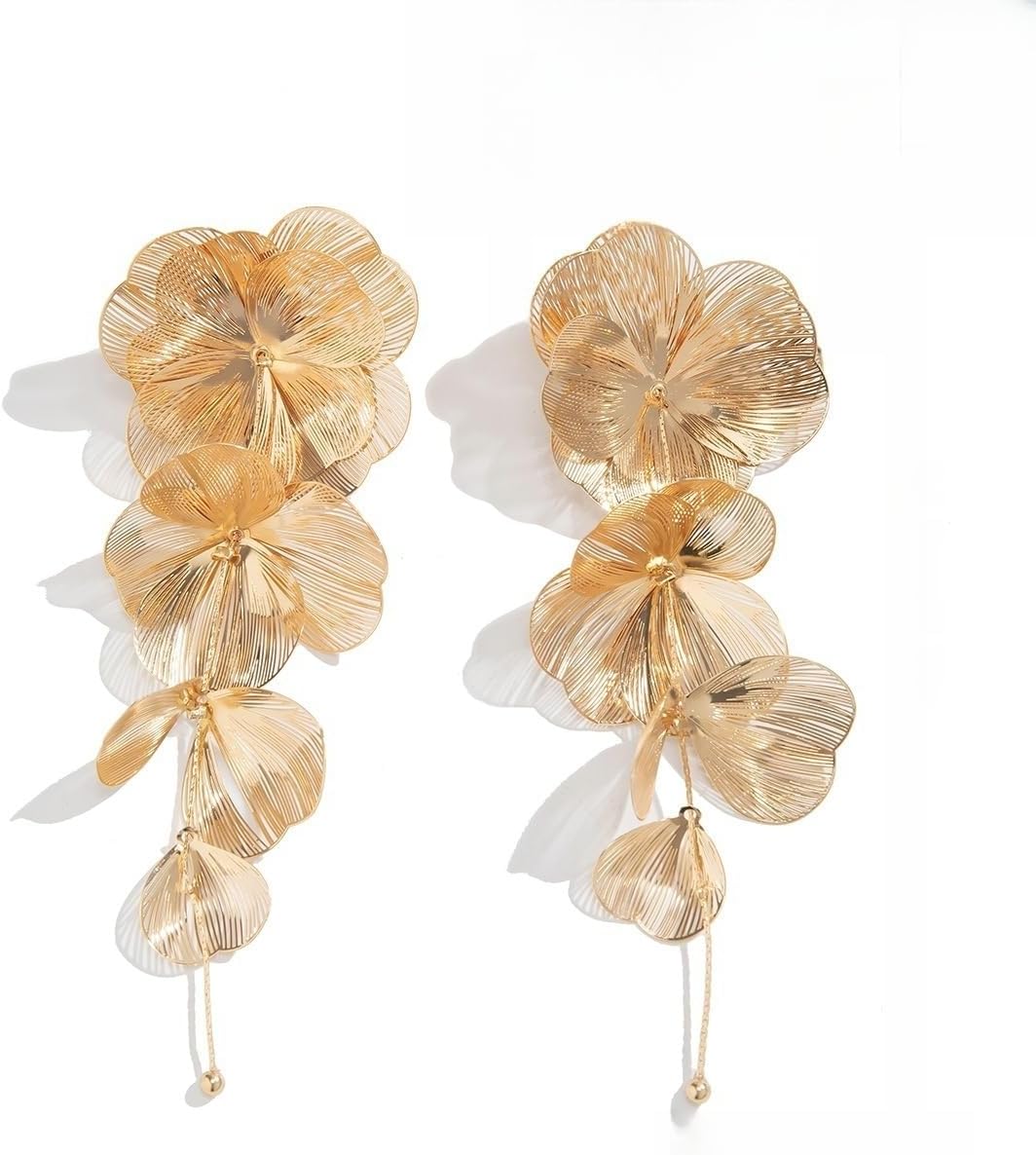 SEVENSTONE Gold Petal Tassel Dangle Earrings Silver Floral Metal Drop Earrings Ginkgo Biloba Vintage Dangle Earrings for Women Jewelry