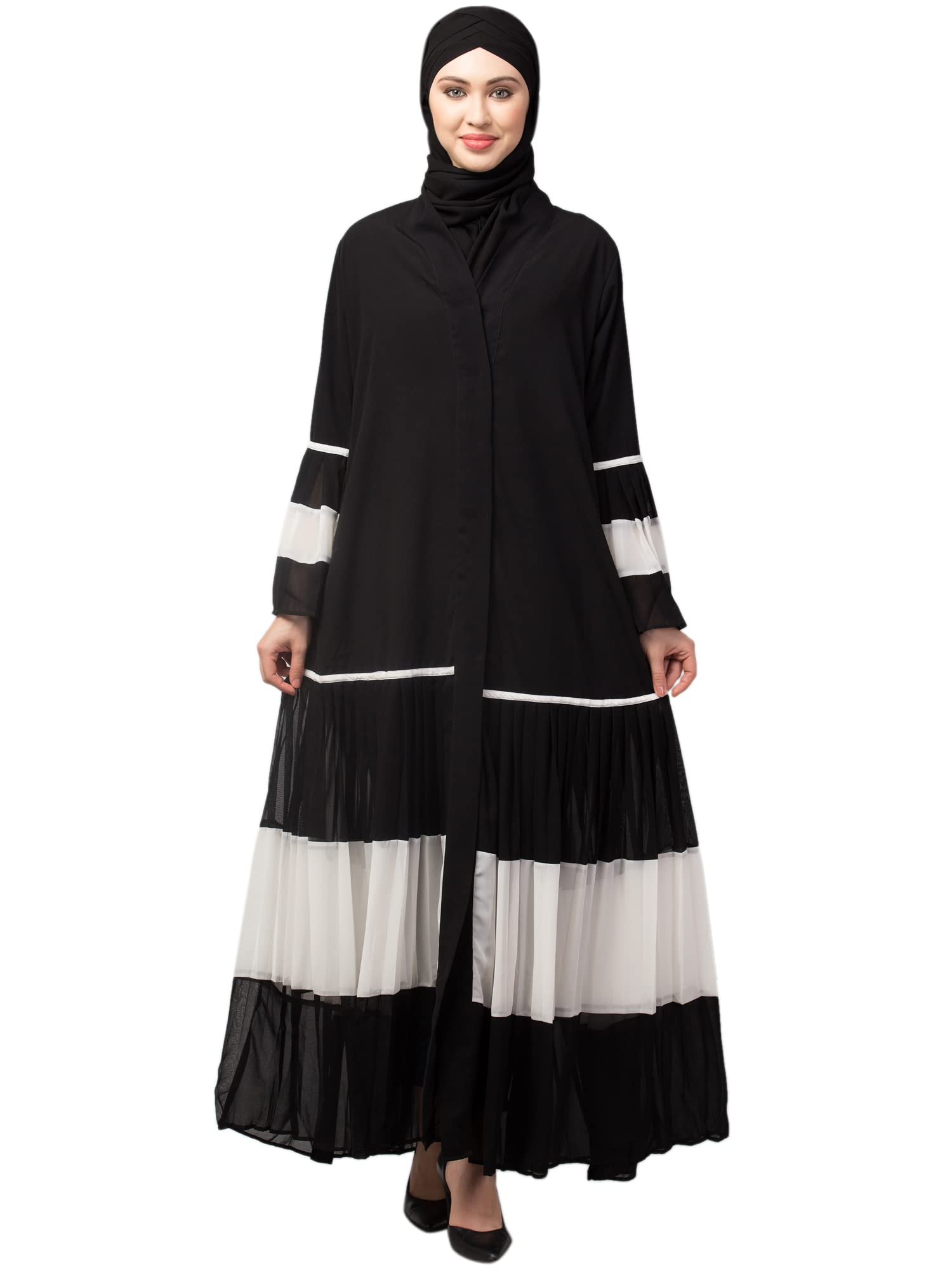 NAZNEENNaneen Contrast pleated at sleeve and Bottom front open Abaya