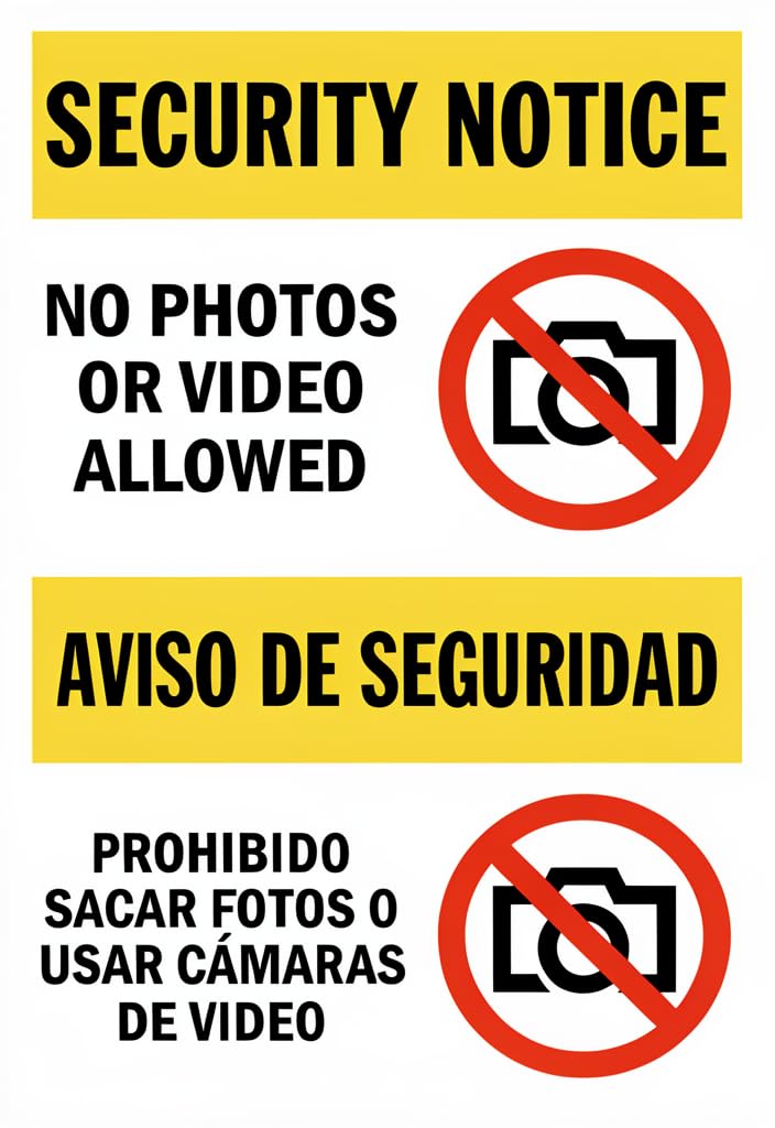 peiyeety Security Notice No Photos or Video Allowed Tin Sign 12x8 Inch Bilingual English Spanish Metal Warning Sign with No Camera Symbol for Office Store Warehouse Home Decor