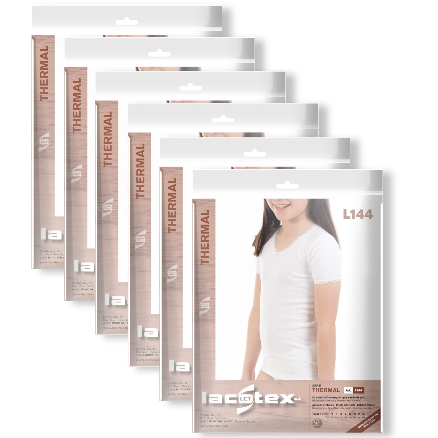 Lot économique de 6 t-shirts thermiques pour fille L145 à manches courtes et col en V avec dentelle. Même taille et couleur.