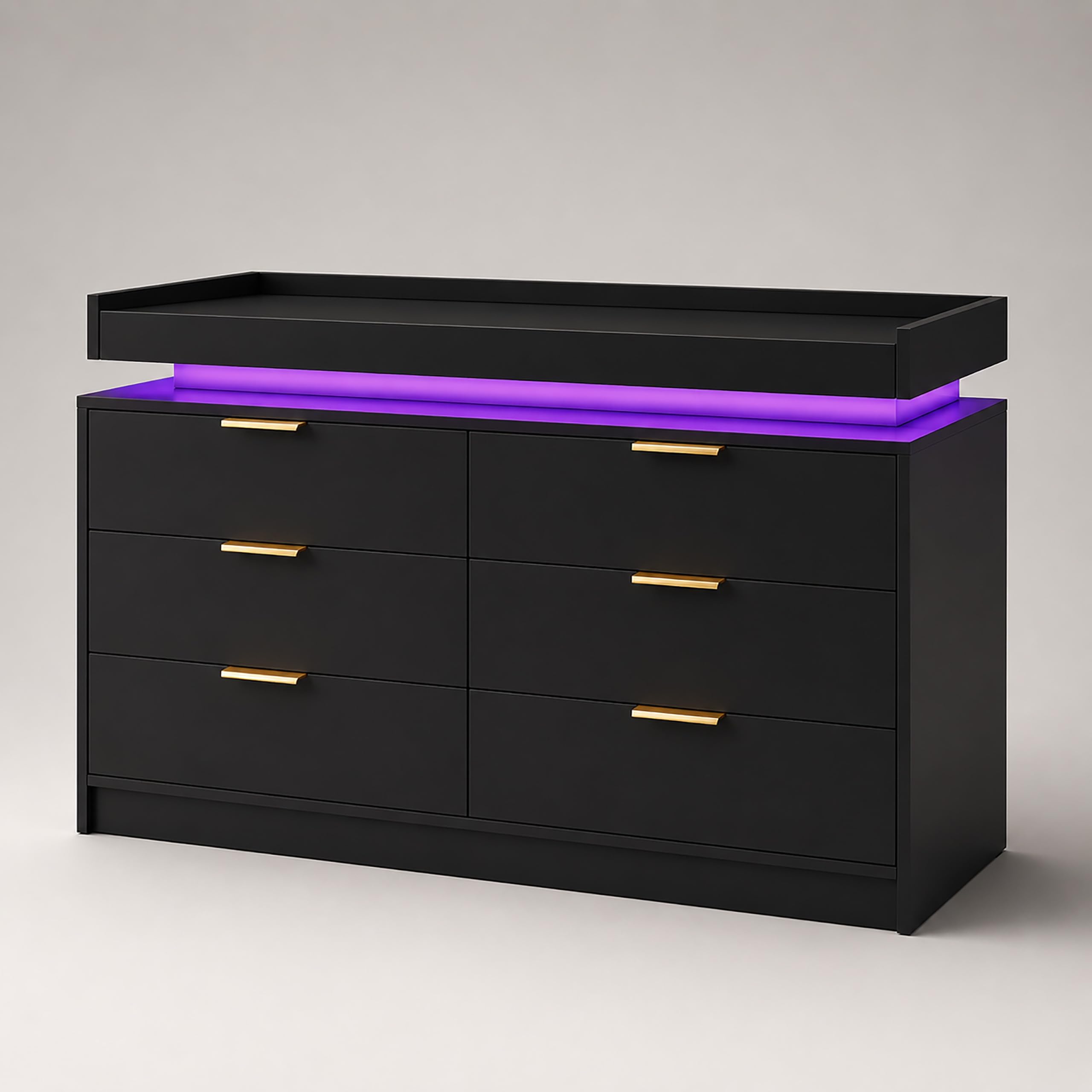 Harmin Modern LED Dresser with Remote Control, 6-Drawer White Chest, 116cm Wide, Gold Handles, RGB Lighting, Contemporary Bedroom Storage Unit (Black)