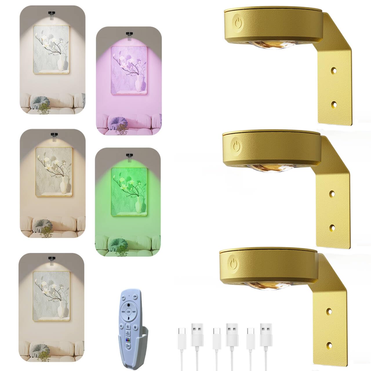 Picture Lights for Wall 3Pack, 2000mAh Rechargeable Battery Operated Picture Lights, 16 RGB Colors Display Light Dimmable, Magnetic Led Painting Light with Remote for Wall Decor Frames (Gold)