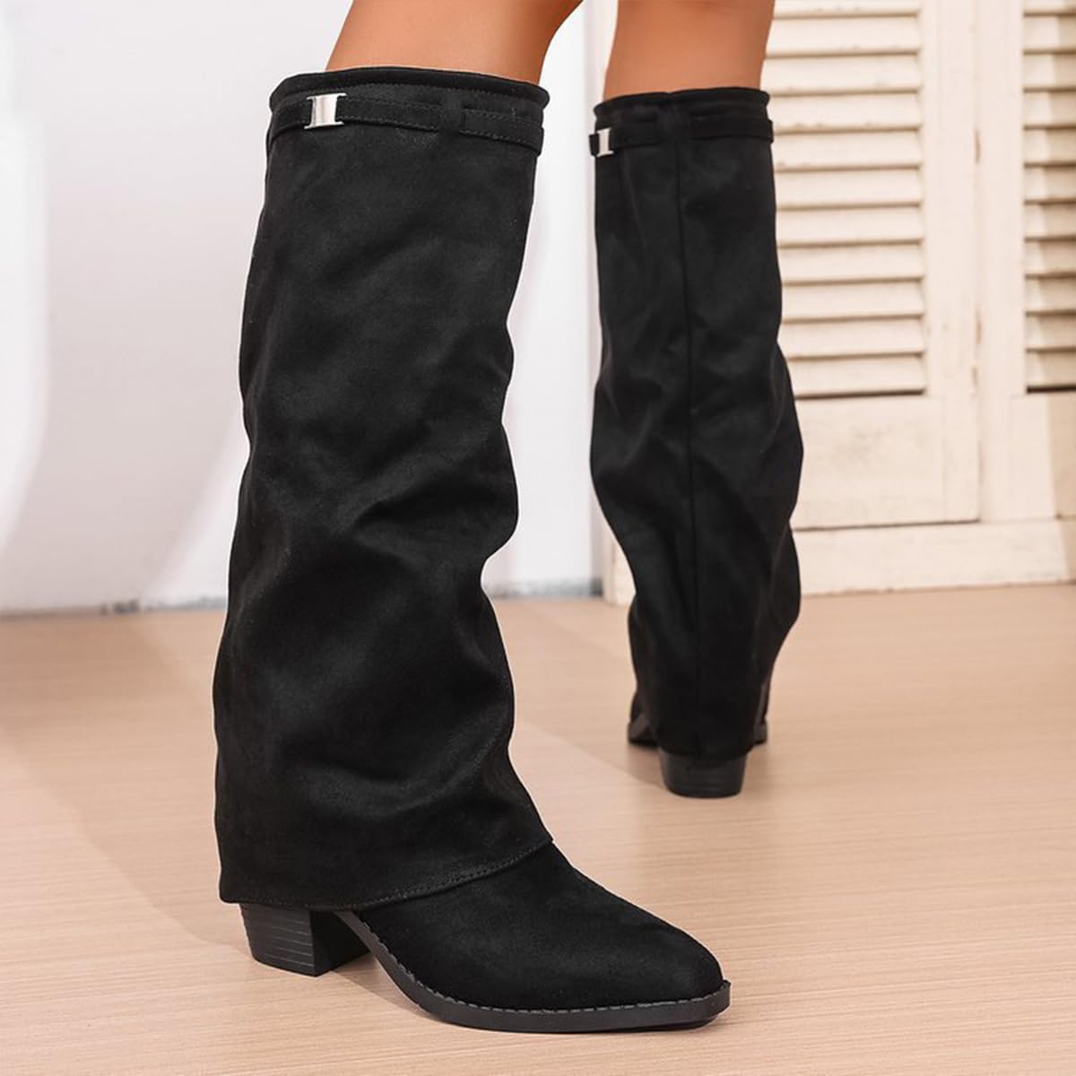 Fold Over Stivali Donna Invernali Cowboy Stivaletti con Tacco