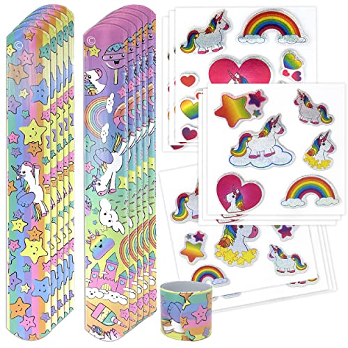 Einhorn Schnapparmband Sticker Set - Knickarmbänder und Aufkleber Unicorn 10er Set | Klatscharmband für Mädchen Kindergeburtstag Mitgebsel | Armband als Kinderparty Giveaway Gastgeschenk (10x Einhorn)