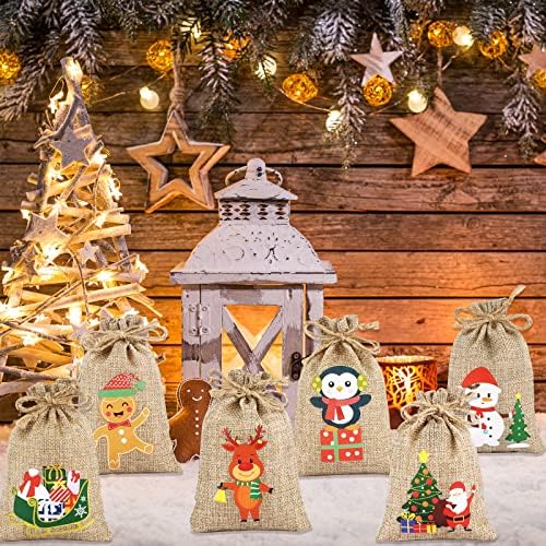 RFWIN Christmas Jute Burlap Bags, 12 pcs Small Xmas Drawstring Jute Bags Christmas Linen Bags Snack Candy Pouch for Wedding Birthday Kids Party Favors