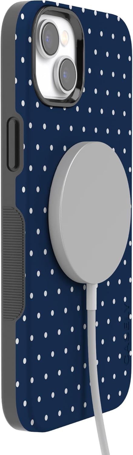 Casely iPhone 14 Plus Case | On the Dot | Navy Polka Dot | Bold Protective Design | Compatible with MagSafe